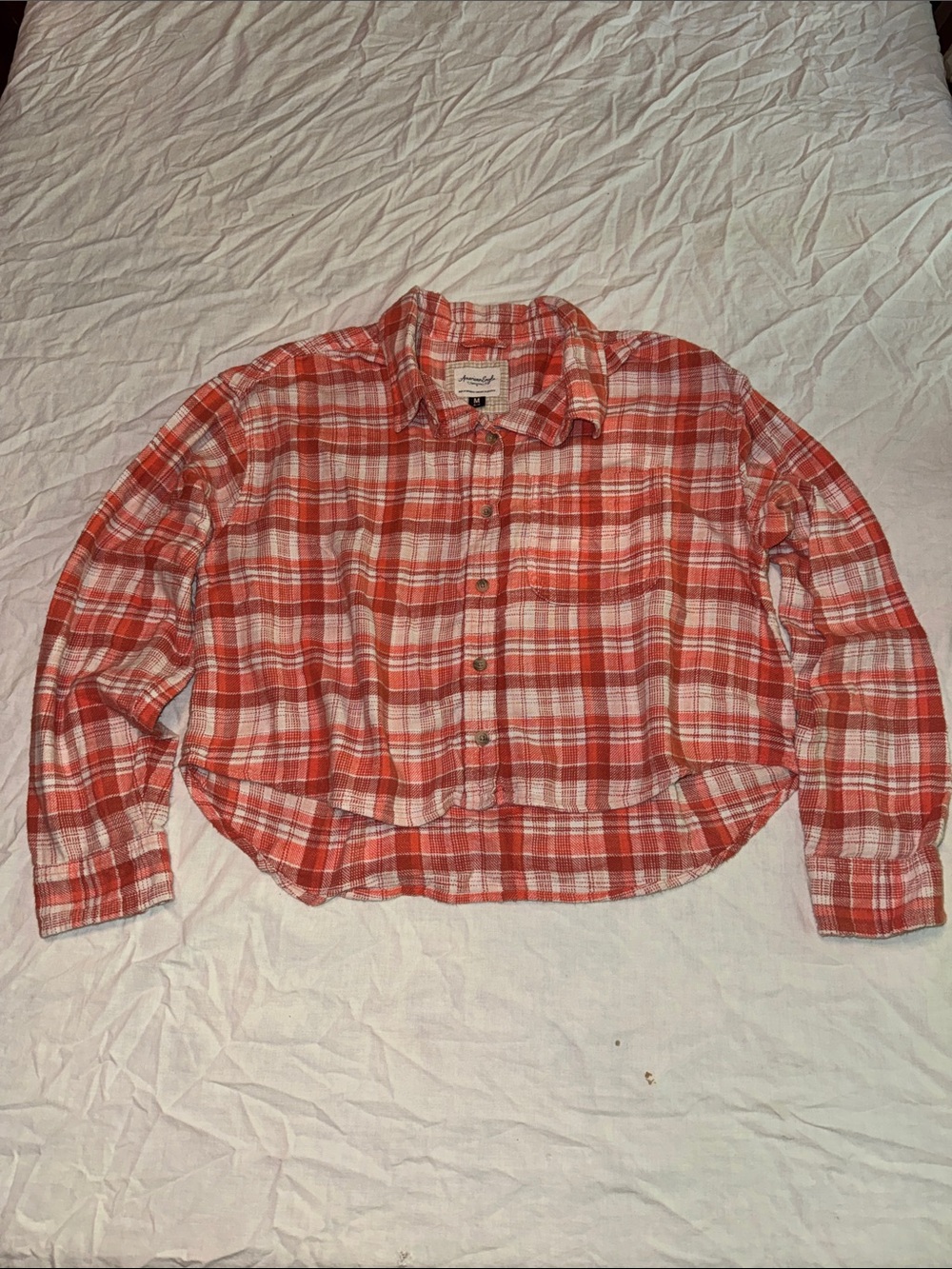 American Eagle Cropped Plaid Button Down Flannel Shirt - Size Medium